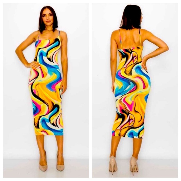 WOMEN YELLOW MULTI COLOR SKINNY STRAP BODYCON MIDI DRESS - Picture 1 of 2
